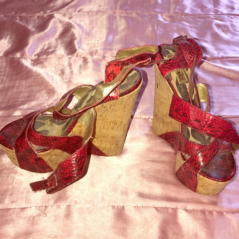 Bebe Red Python Wedge Heels Size 8 - image 1